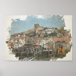 Whitby Harbour and St Mary's Church Watercolor Art Poster