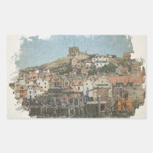 Whitby Harbour and St Mary's Church Watercolor Art