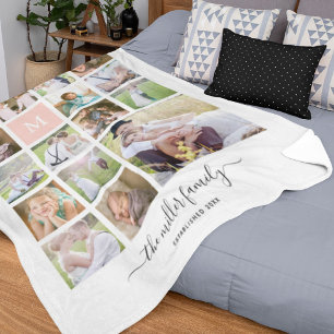 White 16 Foto Collage Monogram Name Calligrafy Fleecedecke