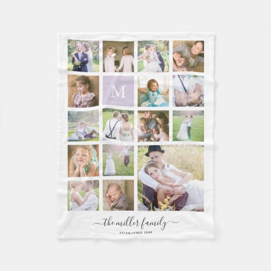 White 16 Foto Collage Monogram Name Kalligrafie Fleecedecke (Vorderseite)