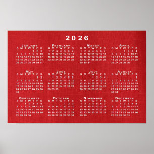White 2026 Calendar on Customizable Foto Poster