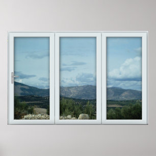 White 3 Pane Window Illusion Country and Mountains Poster