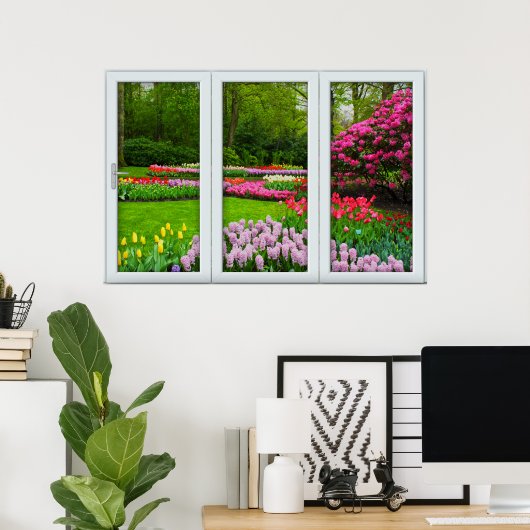 White 3 Pane Window Illusion Spring Garden Poster (Heimbüro)
