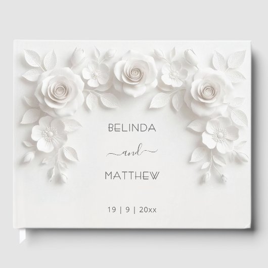 White 3D Floral Roses | Wedding Gästebuch (Vorderseite)