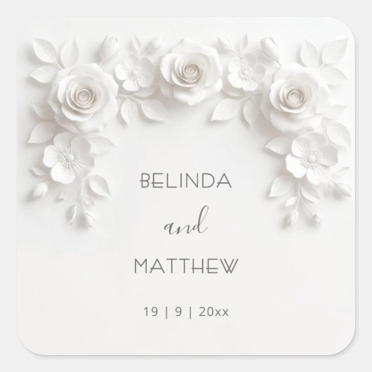 White 3D Floral Roses | Wedding Quadratischer Aufkleber (Vorderseite)
