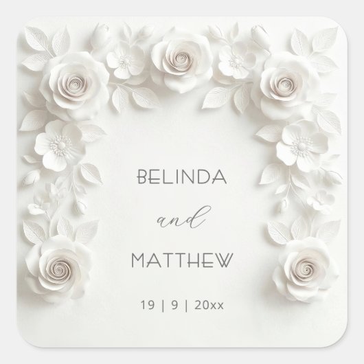 White 3D Floral Roses | Wedding Quadratischer Aufkleber (Vorderseite)