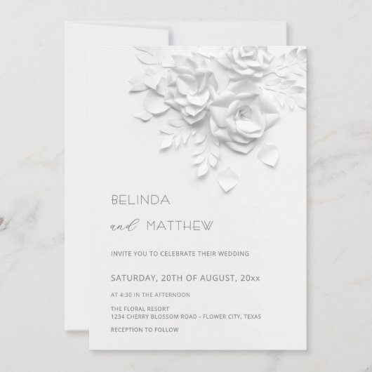White 3D Flowers Roses Minimalist Wedding Invitati Einladung (Vorderseite)
