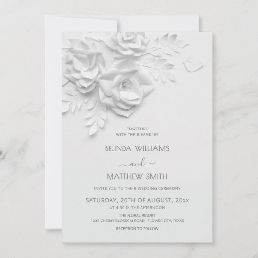 White 3D Flowers Roses Simple Wedding Einladung (Vorderseite)