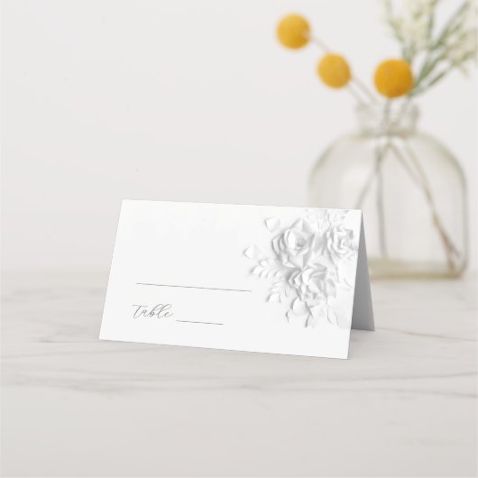 White 3D Flowers Wedding Place Card Platzkarte (Vorderseite)
