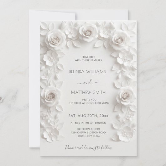 White 3D Roses Frame Wedding Simple Einladung (Vorderseite)