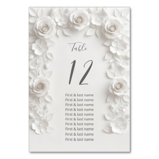 White 3D Roses Wedding Guest Names  Tischnummer (Vorderseite)