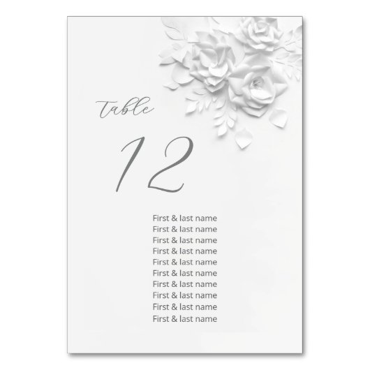 White 3D Roses Wedding Guest Names  Tischnummer (Vorderseite)