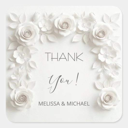 White 3D Roses Wedding Thank You Quadratischer Aufkleber (Vorderseite)