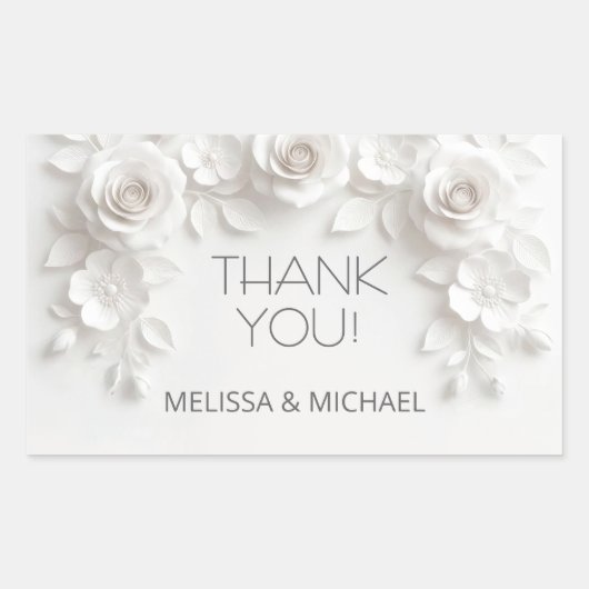 White 3D Roses Wedding Thank You Rechteckiger Aufkleber (Vorderseite)
