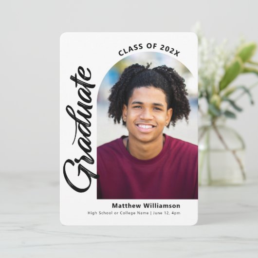 White Abschluss 4 Foto Bold Arc Script Modern Ankündigung (Stehend Vorderseite)