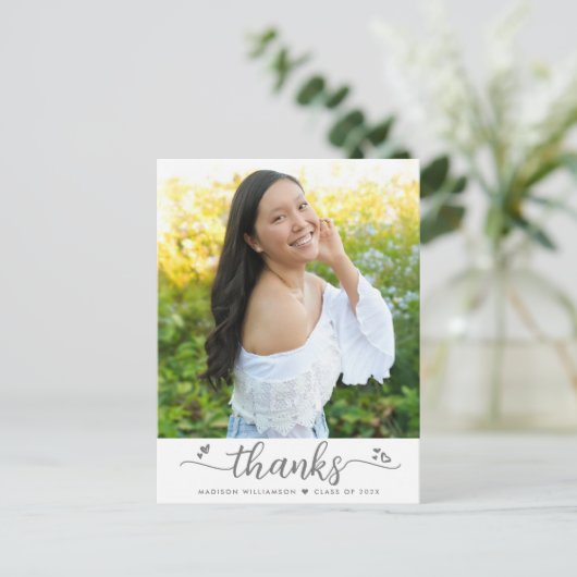 White Abschluss Foto Script Herzlichen Dank Postkarte (Stehend Vorderseite)