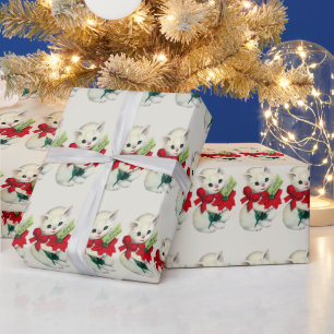 White Adorable Retro Christmas Kitten Red Bow Geschenkpapier
