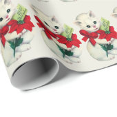 White Adorable Retro Christmas Kitten Red Bow Geschenkpapier (Rolleneckpunkt)