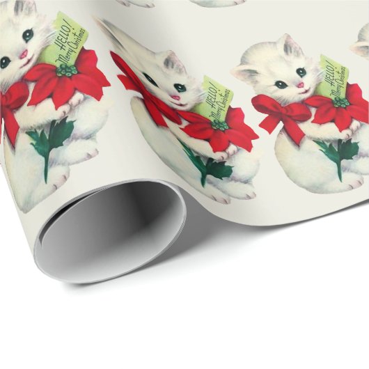 White Adorable Retro Christmas Kitten Red Bow Geschenkpapier (Rolleneckpunkt)