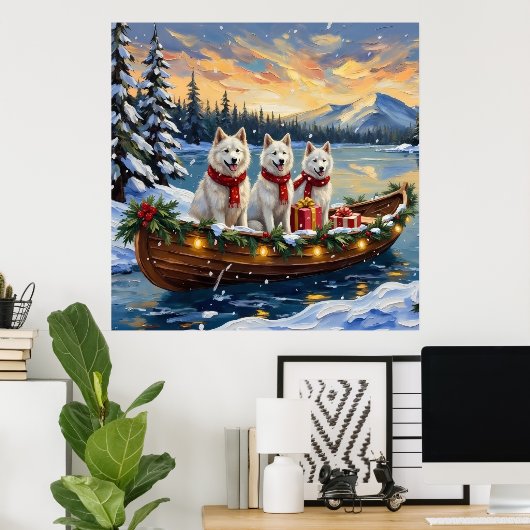 White American Eskimo Dog Christmas Boat Holiday Poster (Heimbüro)