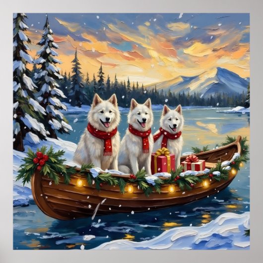 White American Eskimo Dog Christmas Boat Holiday Poster (Vorne)