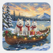 White American Eskimo Dog Christmas Boat Holiday Quadratischer Aufkleber (Vorderseite)
