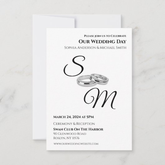 White and Black Affair Monogram Wedding Rings- Einladung (Vorderseite)