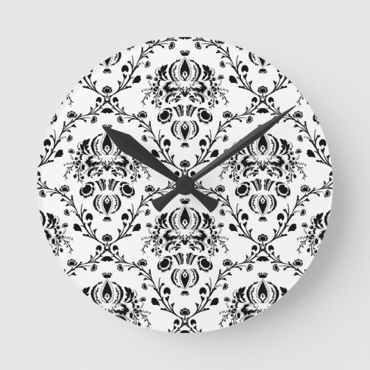 White and Black Damask Runde Wanduhr (Vorderseite)