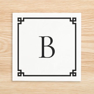 White and Black Greek Key Border Elegant Monogram Serviette