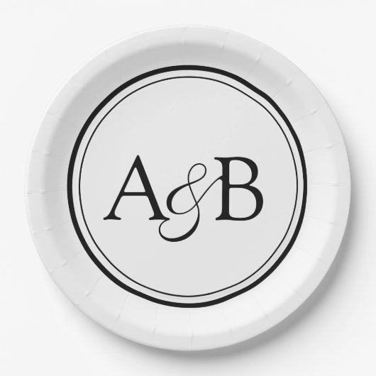 White and Black Monogram and Ampersand Couple's Pappteller (Vorderseite)