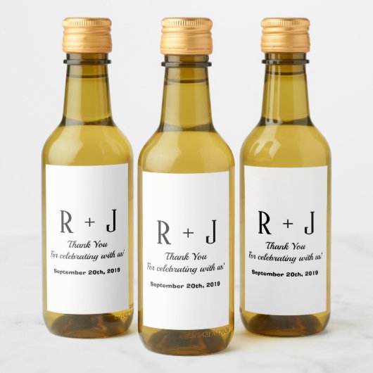 White and Black Monogram Vielen Dank Wedding Mini Weinetikett (Flaschen)