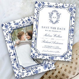 White and Blue Chinoiserie Crest Photo Wedding Save The Date