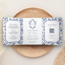 White and Blue Chinoiserie Wappen QR Code Wedding Dreifach Gefaltete Einladung