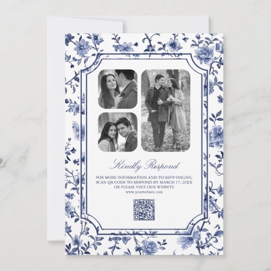 White and Blue Chinoiserie Wappen QR Code Wedding Einladung (Rückseite)