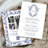 White and Blue Chinoiserie Wappen QR Code Wedding Einladung