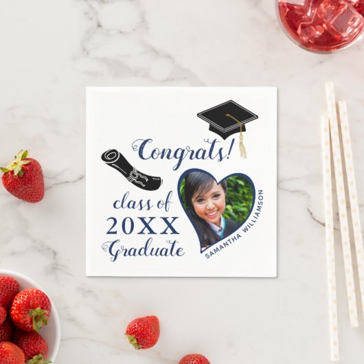 White and Blue Class of 2025 Foto Abschluss Serviette (Beispiel)