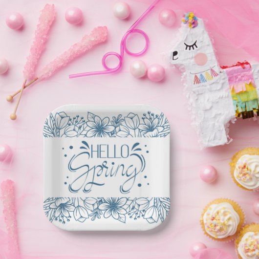 White and Blue Hello Spring Paper Plate Pappteller (Party)