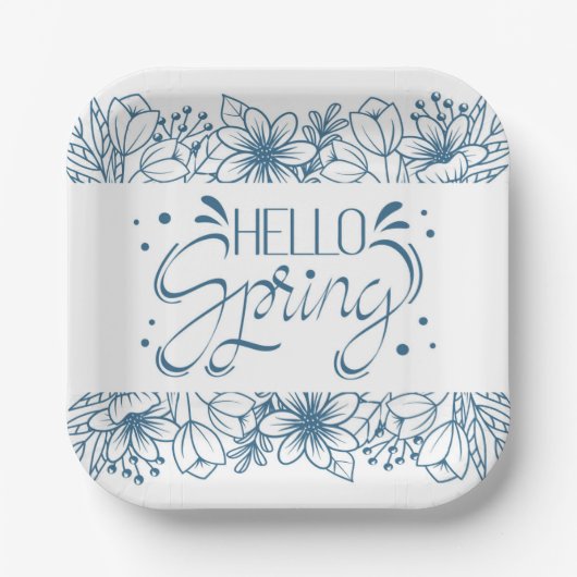 White and Blue Hello Spring Paper Plate Pappteller (Vorderseite)