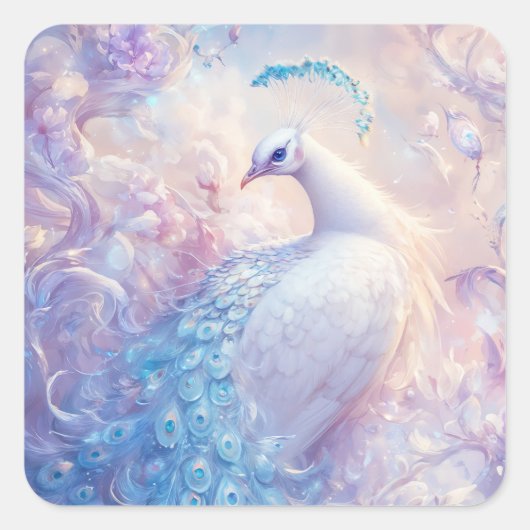 White and Blue Peacock in Ethereal Fantasy Garden Quadratischer Aufkleber (Vorderseite)