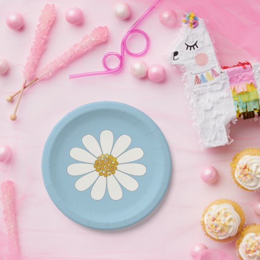 White and Blue Retro Moderne Daisy-Blume Pappteller (Party)