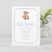 White and Blue Teddy Bear Baby Shower Invitation Ankündigung (Stehend Vorderseite)
