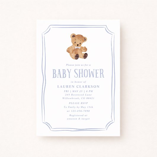White and Blue Teddy Bear Baby Shower Invitation Ankündigung