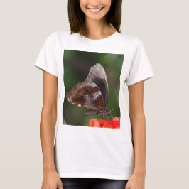 White and Brown Butterfly on Red Blume T-Shirt