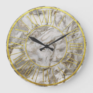 White and Brown Marble Golden Roman Numerals Große Wanduhr
