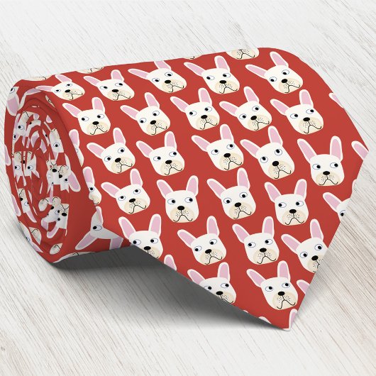 White and Cream French Bulldog Red Neck Tie Krawatte