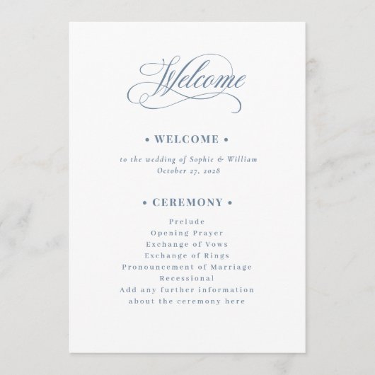 White and Dusty Blue | Luxe Wedding Welcome Programm (Vorderseite)