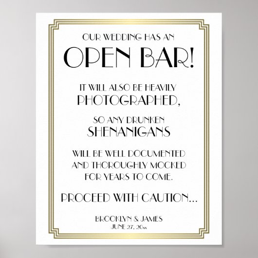 White and Gold Art Deco Gatsby Open Bar Sign 8x10 Poster (Vorne)