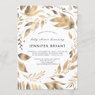 White and Gold Blätter Laurel Fall Babydusche Einladung