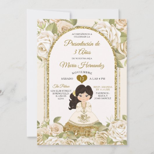 White and Gold Boho Mexican Floral Girl Tres Anos Einladung (Vorderseite)