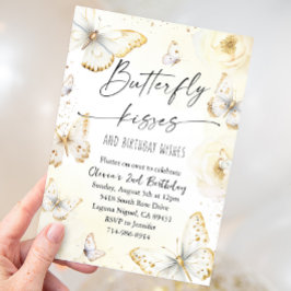 White and Gold Butterfly Kisses Birthday Einladung